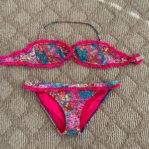 Euc L Victorias Secret strapless bandeau bikini top bottom pink floral purple